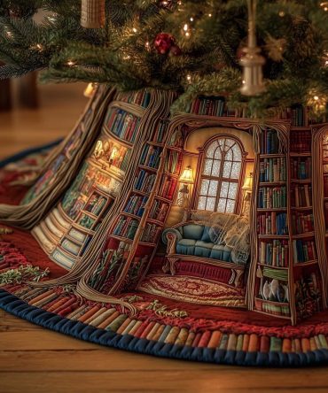 Cozy Library Room Bookshelf Tree Skirt — Handmade Custom Christmas Mat, Warm Booklover Holiday Decor, Fits Standard Trees