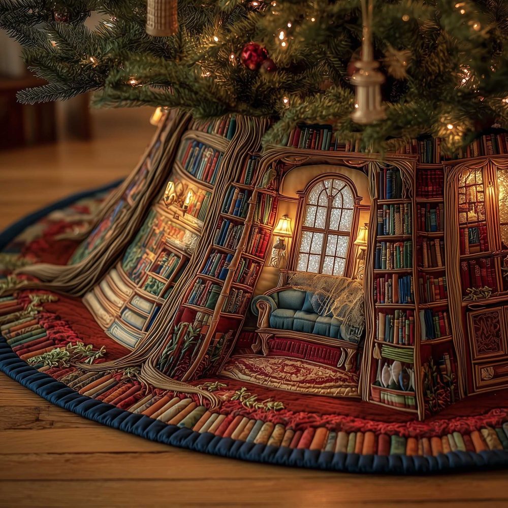 Cozy Library Room Bookshelf Tree Skirt — Handmade Custom Christmas Mat, Warm Booklover Holiday Decor, Fits Standard Trees