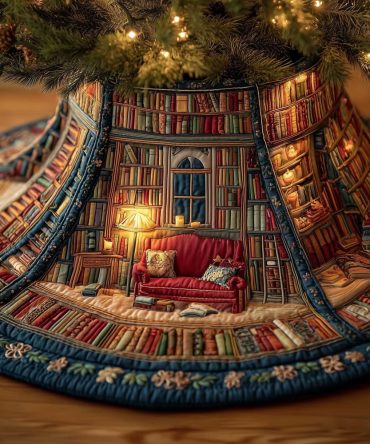 Library Nook Red Sofa Holiday Tree Skirt — Handmade Cozy Bookish Christmas Mat, Custom Size, Vintage Library Home Décor Accent