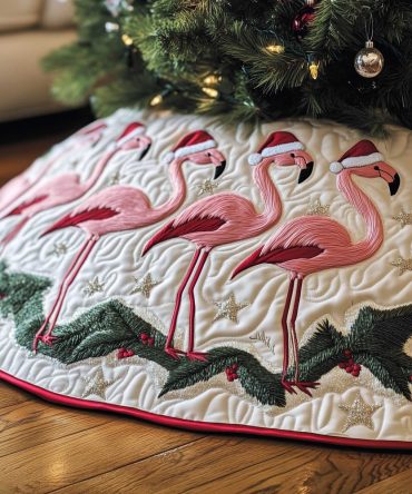 Festive Flamingo Holiday Tree Skirt With Santa Hats & Holly Accents – Premium Made-To-Order Christmas Tree Skirt, Shop Now