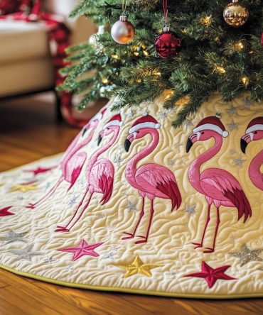 Golden Star Sand Flamingo Tree Skirt - Coastal Christmas Tree Skirt With Flamingo & Gold Star Pattern, Handmade Custom Holiday Base