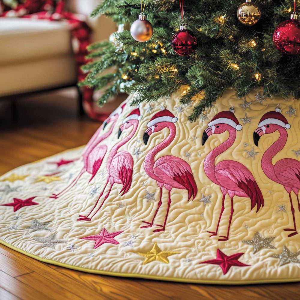Golden Star Sand Flamingo Tree Skirt - Coastal Christmas Tree Skirt With Flamingo & Gold Star Pattern, Handmade Custom Holiday Base
