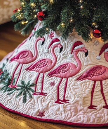 Tropical Flamingo & Palm Holiday Tree Skirt With Berries – Coastal Christmas Skirt, Made-To-Order, Perfect For Beachy Seasonal Decor