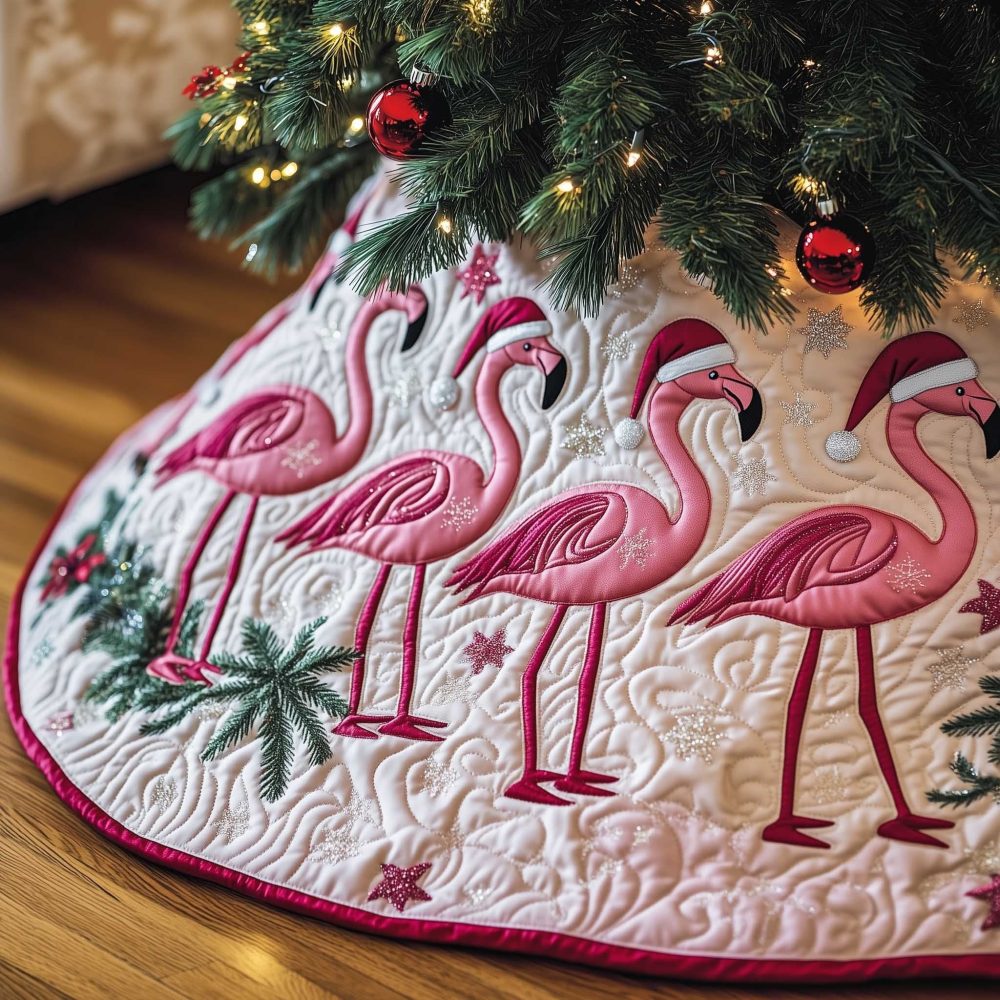 Tropical Flamingo & Palm Holiday Tree Skirt With Berries – Coastal Christmas Skirt, Made-To-Order, Perfect For Beachy Seasonal Decor