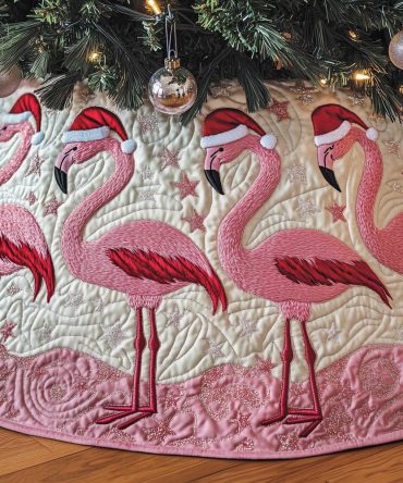 Blush Flamingo Pair Christmas Tree Skirt – Soft Pink Handcrafted Holiday Skirt, Made-To-Order For Elegant Tropical Seasonal Decor