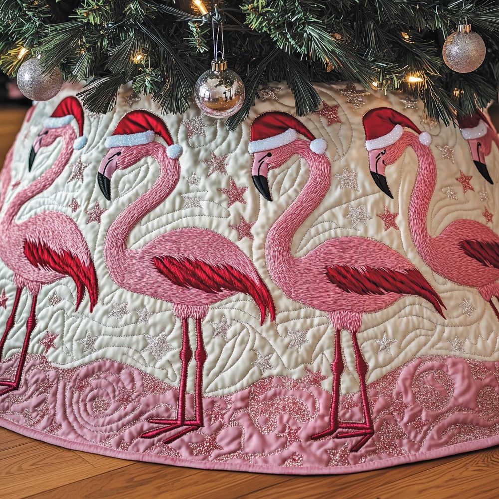 Blush Flamingo Pair Christmas Tree Skirt – Soft Pink Handcrafted Holiday Skirt, Made-To-Order For Elegant Tropical Seasonal Decor