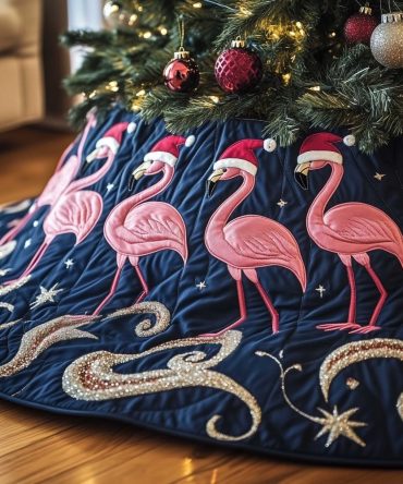 Tropical Flamingo Navy Swirl Tree Skirt - Unique Handmade Christmas Tree Skirt With Flamingo Pattern, Custom Made Holiday Decor
