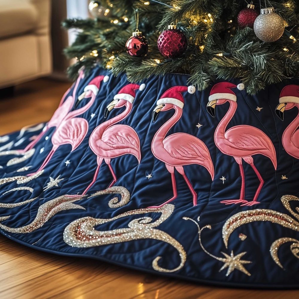 Tropical Flamingo Navy Swirl Tree Skirt - Unique Handmade Christmas Tree Skirt With Flamingo Pattern, Custom Made Holiday Decor
