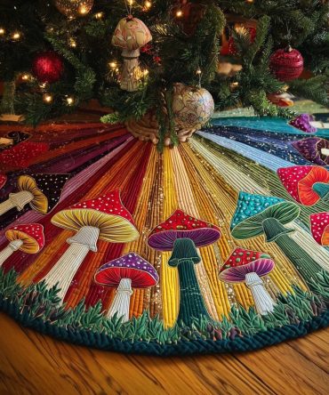 Mushrooms On Rainbow Rays Handmade Tree Skirt — Colorful Custom Christmas Mat, Playful Woodland Holiday Décor For 4–8Ft Trees