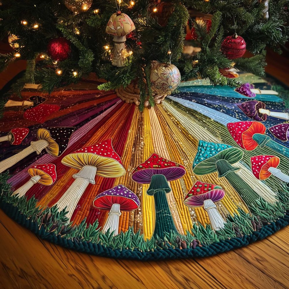 Mushrooms On Rainbow Rays Handmade Tree Skirt — Colorful Custom Christmas Mat, Playful Woodland Holiday Décor For 4–8Ft Trees