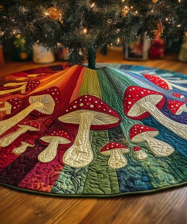 Mushroom & Rainbow Wedge Holiday Tree Skirt — Handmade Whimsical Christmas Tree Mat, Custom Size Options, Colorful Woodland Decor