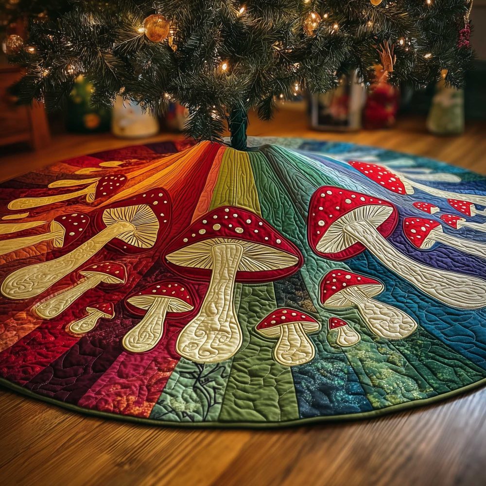 Mushroom & Rainbow Wedge Holiday Tree Skirt — Handmade Whimsical Christmas Tree Mat, Custom Size Options, Colorful Woodland Decor