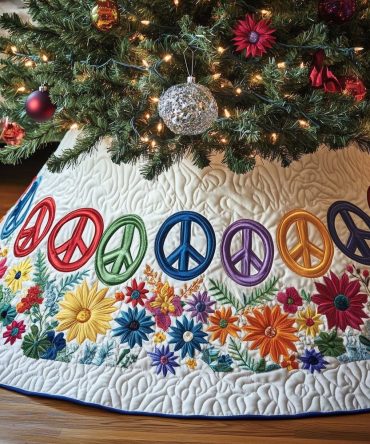 White Peace Sign & Floral Christmas Tree Skirt, Delicate Handmade Boho Tree Collar With Floral Accents, Custom Made-To-Order For A Soft Holiday Look