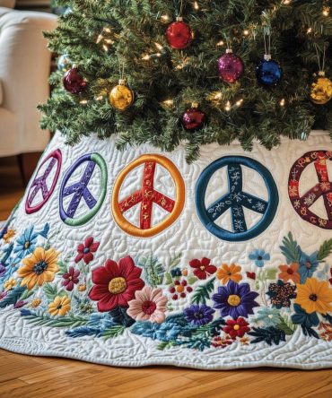 Peace Sign Floral Border Christmas Tree Skirt, Boho Handmade Holiday Tree Collar With Retro Vibes, Custom Made-To-Order And Perfect For Gifts