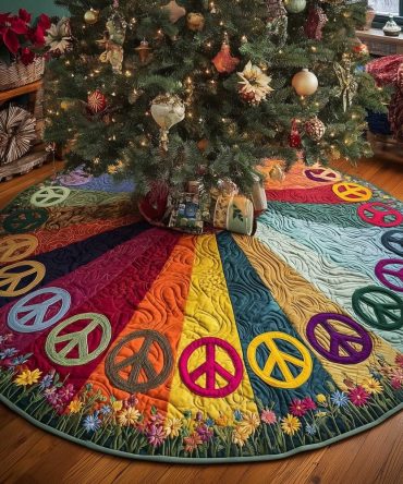 Rainbow Wedge Peace Sign Christmas Tree Skirt, Bold Handmade Retro Holiday Decor With Colorful Segments, Custom Made-To-Order For Unique Trees