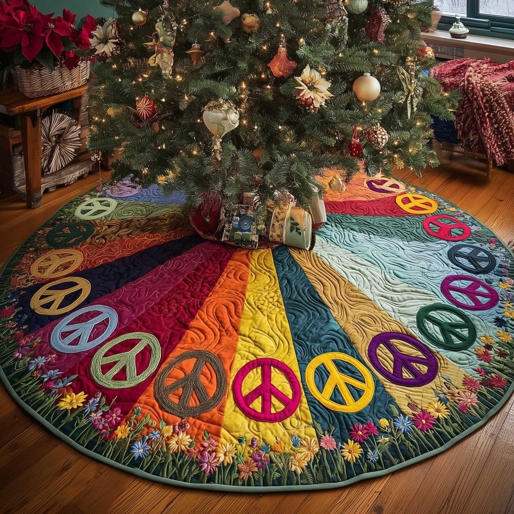 Rainbow Wedge Peace Sign Christmas Tree Skirt, Bold Handmade Retro Holiday Decor With Colorful Segments, Custom Made-To-Order For Unique Trees