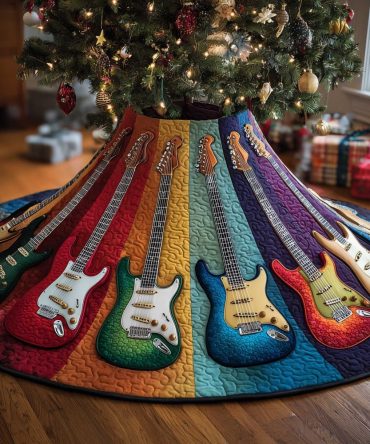 Rainbow Stripe Guitar Christmas Tree Skirt, Colorful Handcrafted Holiday Decor For Music Lovers, Custom Made-To-Order With Vibrant Design