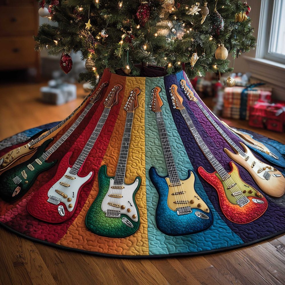 Rainbow Stripe Guitar Christmas Tree Skirt, Colorful Handcrafted Holiday Decor For Music Lovers, Custom Made-To-Order With Vibrant Design