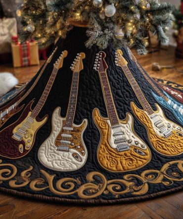 Luxurious Black Guitar Tree Skirt With Gold Scroll Accents, Handcrafted Christmas Tree Collar For Musicians, Custom Made-To-Order Design