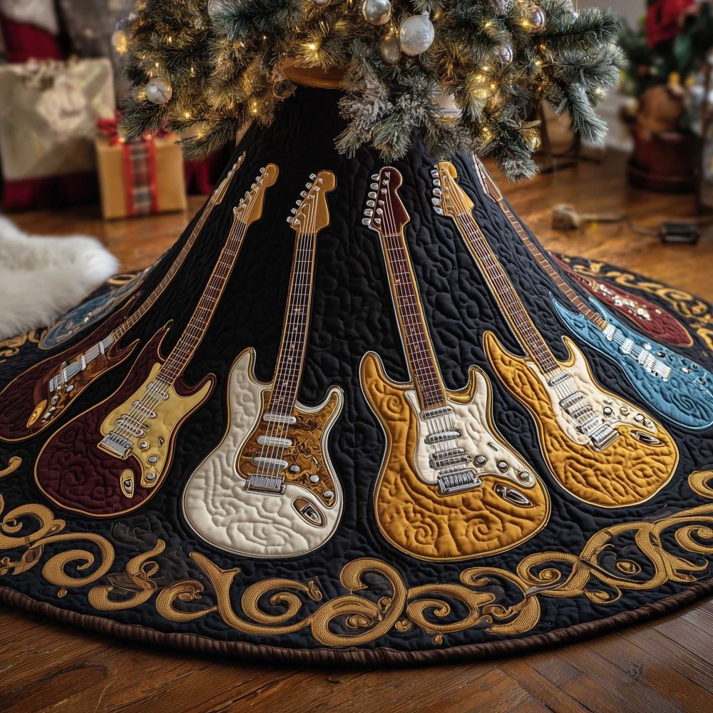 Luxurious Black Guitar Tree Skirt With Gold Scroll Accents, Handcrafted Christmas Tree Collar For Musicians, Custom Made-To-Order Design