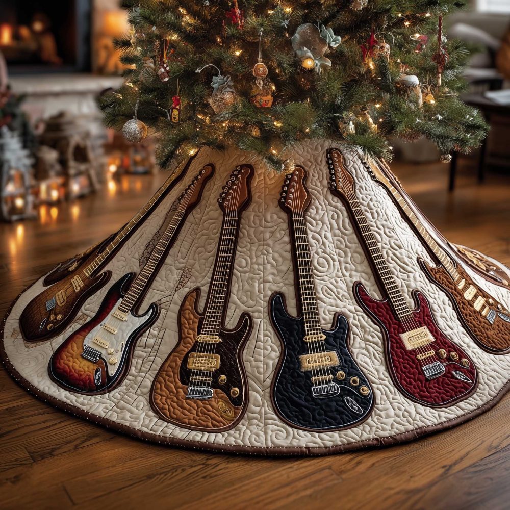Warm Cream Quilted Guitar Christmas Tree Skirt, Cozy Handmade Holiday Tree Collar With Subtle Guitar Prints, Custom Sizing Made-To-Order