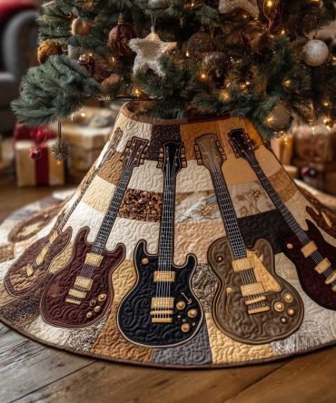 Rustic Brown Patchwork Guitar Christmas Tree Skirt, Cozy Handmade Holiday Tree Collar With Musical Theme, Custom Sizes Made-To-Order