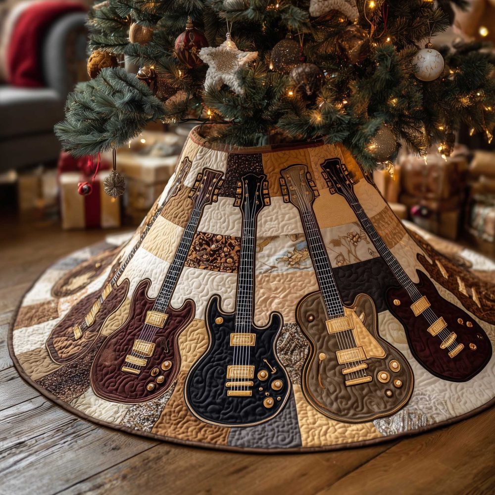 Rustic Brown Patchwork Guitar Christmas Tree Skirt, Cozy Handmade Holiday Tree Collar With Musical Theme, Custom Sizes Made-To-Order