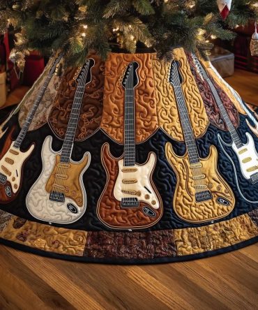 Orange & Navy Panel Guitar Christmas Tree Skirt, Modern Handmade Holiday Decor With Bold Color Blocks, Custom Made-To-Order For Musicians