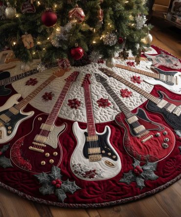 Red & White Poinsettia Guitar Christmas Tree Skirt, Festive Handmade Tree Collar With Floral And Musical Accents, Custom Made-To-Order Gift