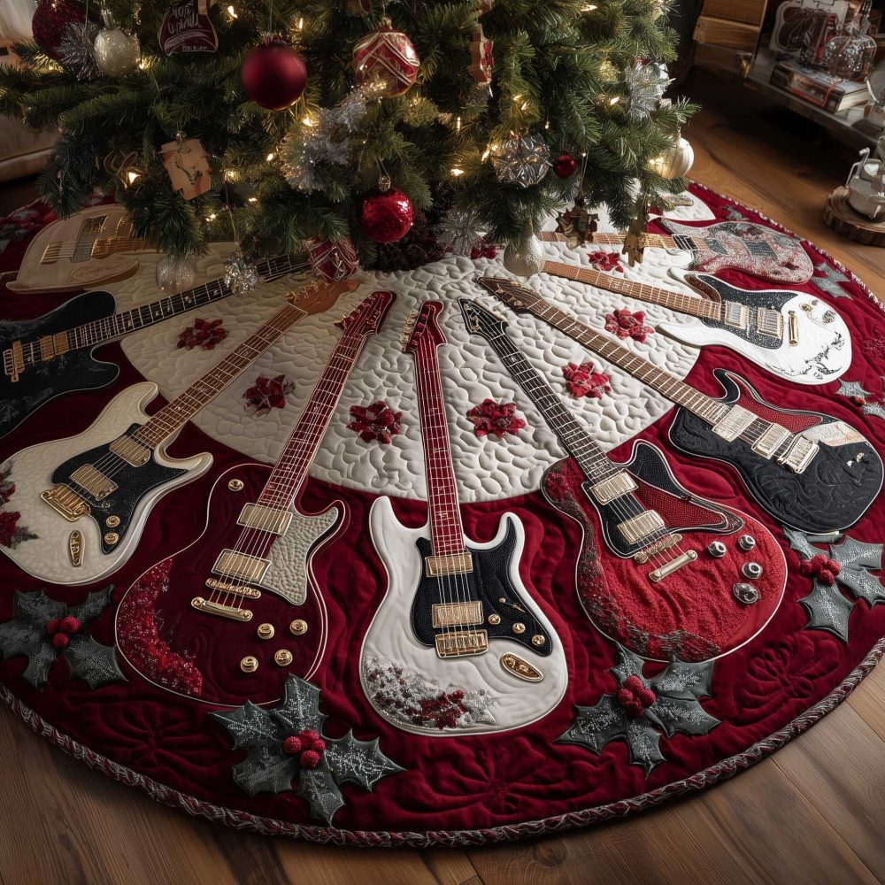 Red & White Poinsettia Guitar Christmas Tree Skirt, Festive Handmade Tree Collar With Floral And Musical Accents, Custom Made-To-Order Gift