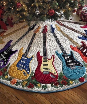 White Holly & Electric Guitar Christmas Tree Skirt, Festive Handcrafted Tree Collar For Musicians, Lined And Custom Made-To-Order