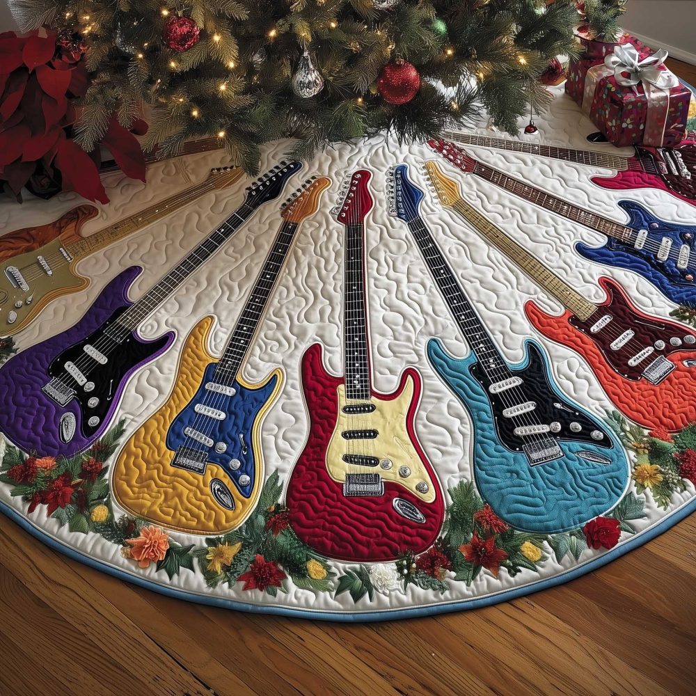 White Holly & Electric Guitar Christmas Tree Skirt, Festive Handcrafted Tree Collar For Musicians, Lined And Custom Made-To-Order