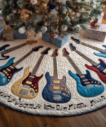 Electric Guitar & Music Notes Christmas Tree Skirt, Bold Handcrafted Holiday Decor For Rock And Band Fans, Custom Made-To-Order Tree Collar