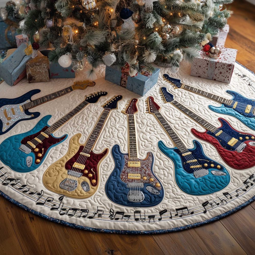 Electric Guitar & Music Notes Christmas Tree Skirt, Bold Handcrafted Holiday Decor For Rock And Band Fans, Custom Made-To-Order Tree Collar