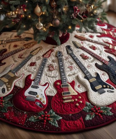 Crimson Red & White Guitar Christmas Tree Skirt With Bold Guitar Motifs, Vibrant Handmade Holiday Décor, Custom Made-To-Order For Guitar Fans