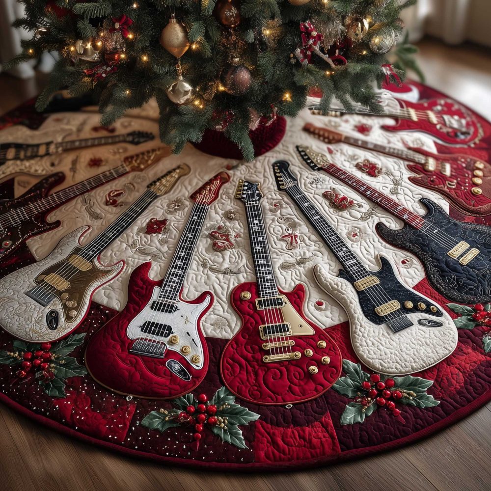 Crimson Red & White Guitar Christmas Tree Skirt With Bold Guitar Motifs, Vibrant Handmade Holiday Décor, Custom Made-To-Order For Guitar Fans