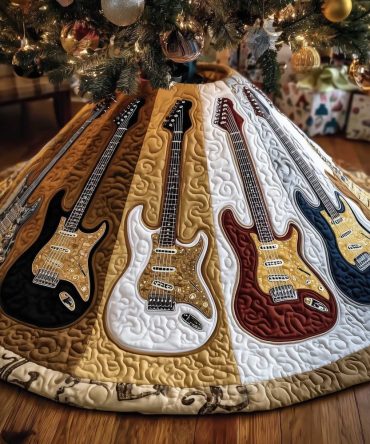 Vintage Guitar Quilted Cream Christmas Tree Skirt, Classic Handmade Holiday Tree Collar With Retro Instrument Prints, Custom Made-To-Order