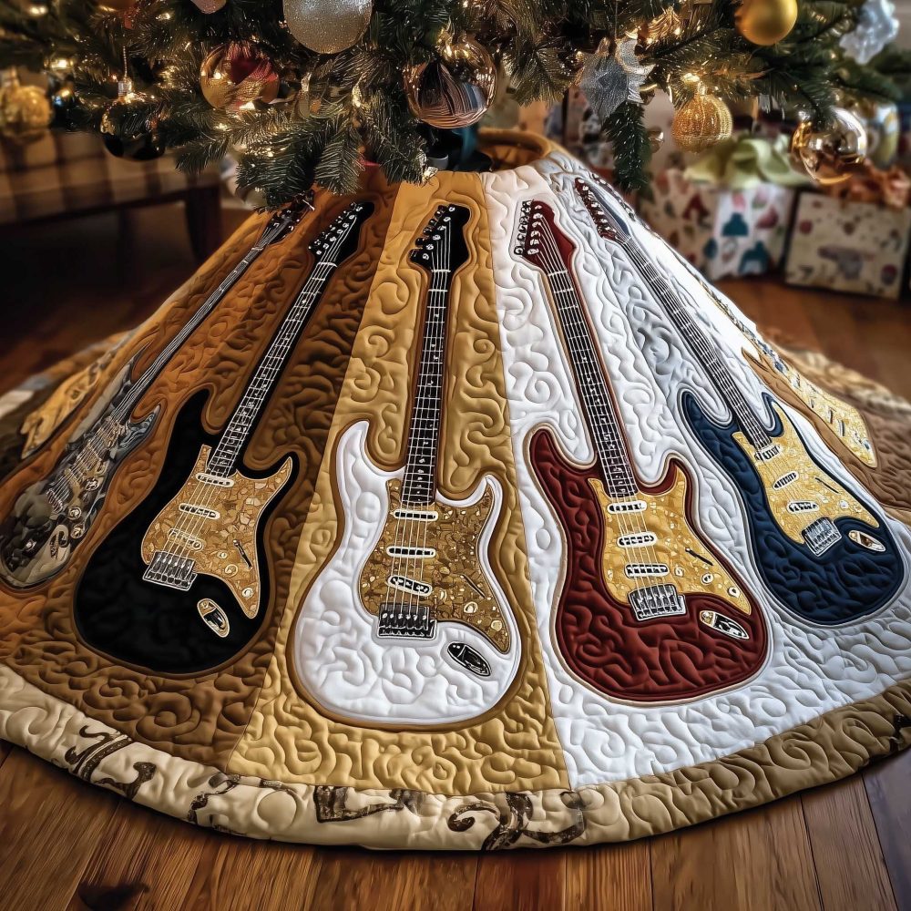 Vintage Guitar Quilted Cream Christmas Tree Skirt, Classic Handmade Holiday Tree Collar With Retro Instrument Prints, Custom Made-To-Order