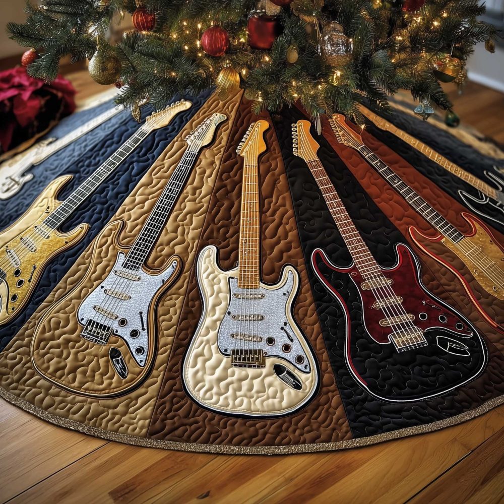 Custom Black And Tan Wedge Guitar Christmas Tree Skirt, Handcrafted Holiday Tree Collar For Musicians, Made-To-Order And Personalizable