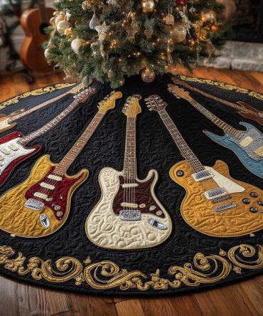 Handmade Black & Gold Guitar Christmas Tree Skirt, Elegant Musical Holiday Décor And Tree Collar, Custom Made-To-Order, Perfect Gift