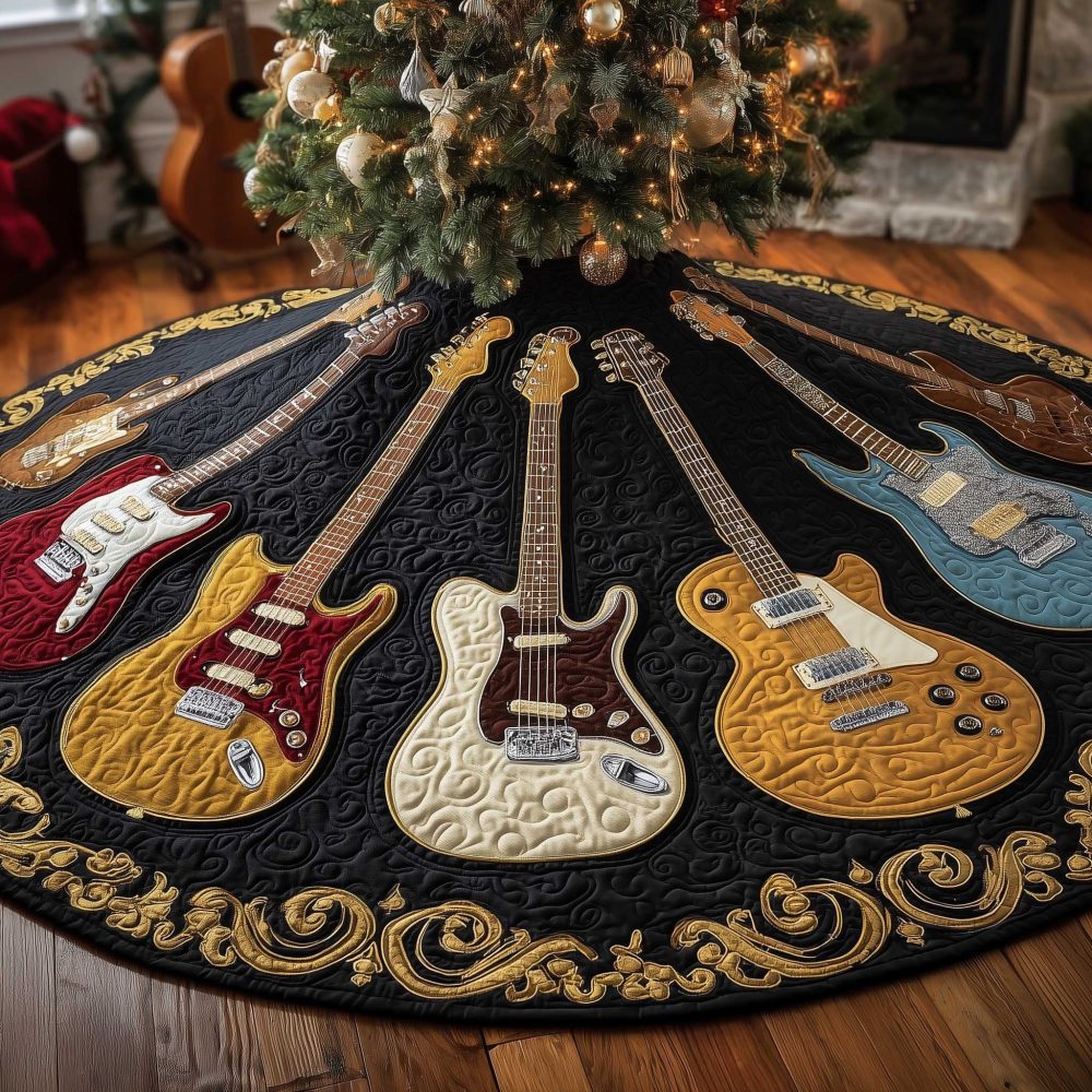 Handmade Black & Gold Guitar Christmas Tree Skirt, Elegant Musical Holiday Décor And Tree Collar, Custom Made-To-Order, Perfect Gift