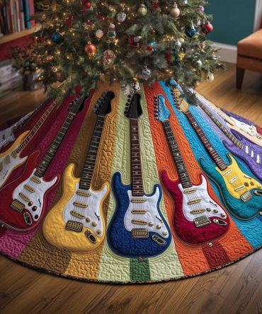 Guitars On Rainbow Wedges Tree Skirt – Music Lover’S Custom Christmas Accent With Bold Color Blocks
