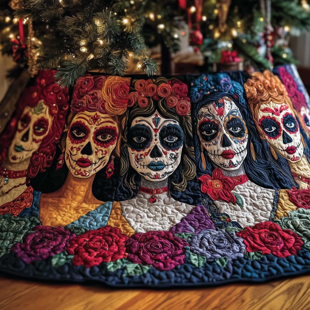 Sugar Skull Women With Roses Tree Skirt – Elegant Custom Día De Los Muertos Holiday Décor With Floral Detail