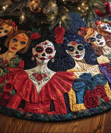Catrinas In Red Dresses Tree Skirt – Elegant Día De Los Muertos Holiday Décor, Custom Made