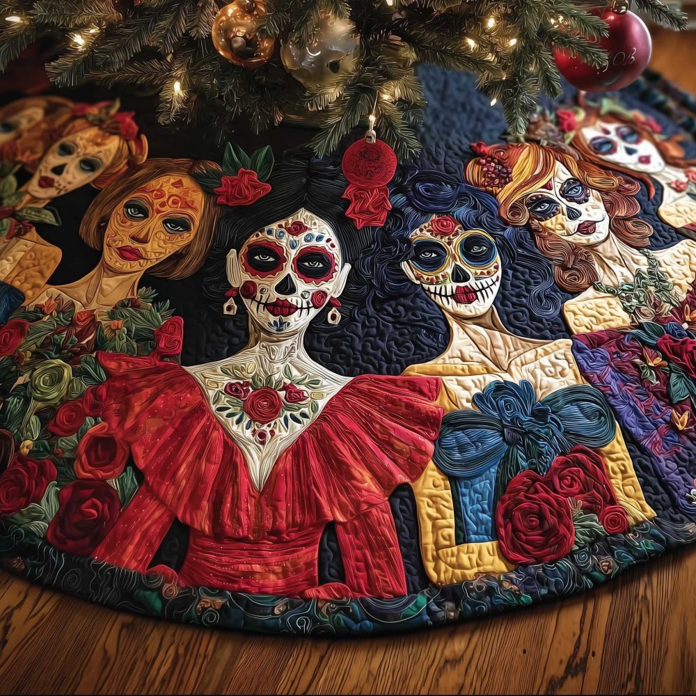 Catrinas In Red Dresses Tree Skirt – Elegant Día De Los Muertos Holiday Décor, Custom Made