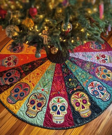 Rainbow Wedge Sugar Skulls Tree Skirt – Colorful Custom Holiday Accent For Vibrant Festive Displays