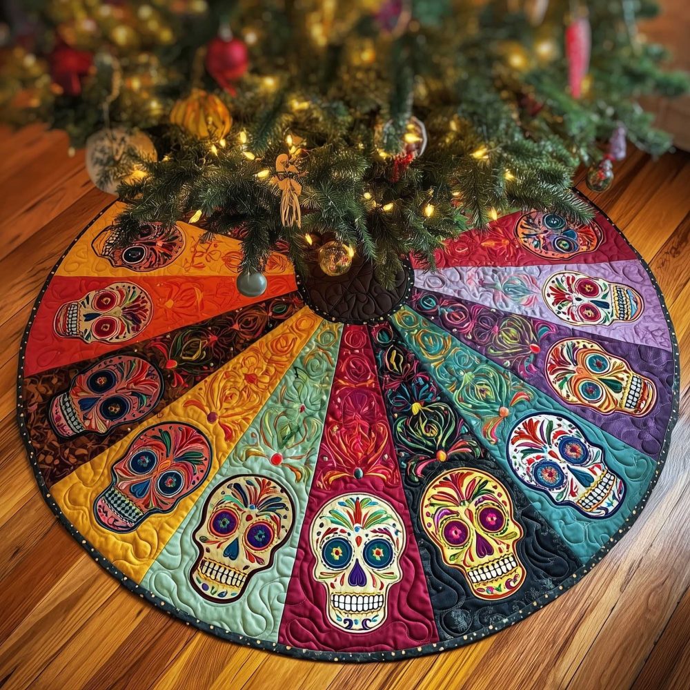 Rainbow Wedge Sugar Skulls Tree Skirt – Colorful Custom Holiday Accent For Vibrant Festive Displays