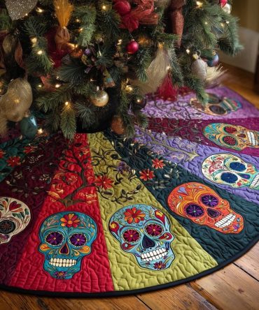 Bright Color Panel Sugar Skulls Tree Skirt – Custom Festive Décor With Vibrant Folk Art Motifs