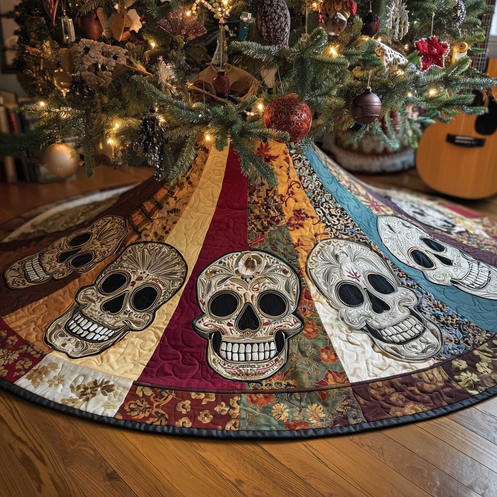 Sugar Skull Panels Tree Skirt – Vivid Color Block Día De Los Muertos Inspired Holiday Accent, Custom