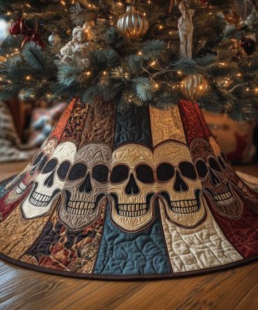 Earthy Striped Panels With Skulls Tree Skirt – Custom Rustic Halloween-To-Holiday Décor, Handcrafted
